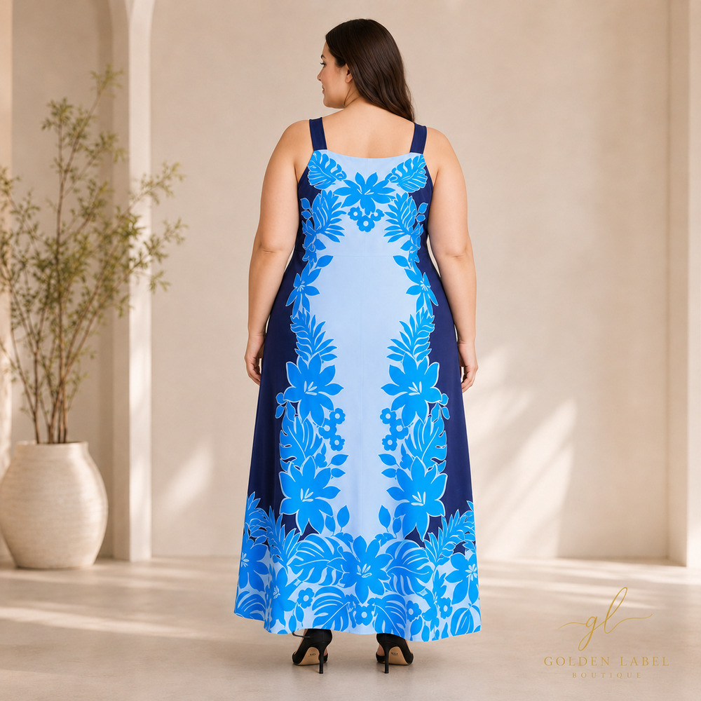 NWOT Maggy London 22W Blue Navy Floral Colorblock Maxi Dress Sleeveless - Picture 6 of 10